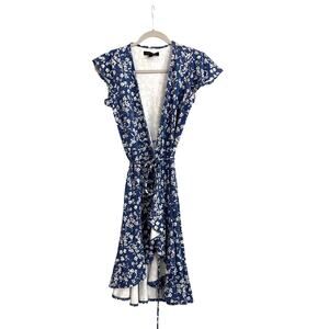 Banana Republic Blue Floral Ruffle Babydoll Cottage Spring Wrap Dress Size Small